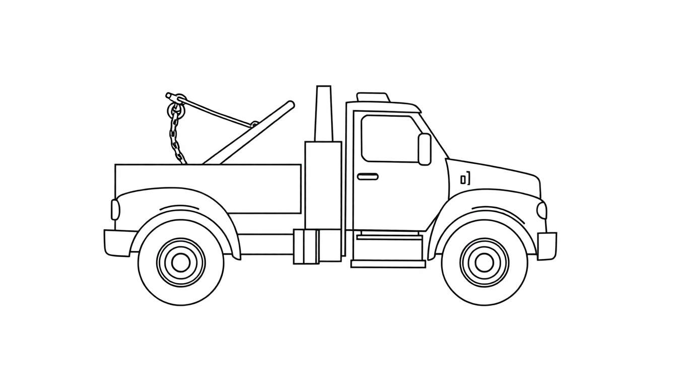 Un camion de dépannage en noir et blanc prêt à être colorié, une plaque de coloriage.