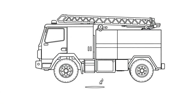 Un camion de pompiers dessiné au trait éteint un feu de plaque d'égout.