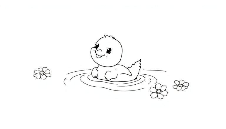 Un caneton mignon nageant dans une mare, entouré de fleurs, dans un dessin au trait noir et blanc.