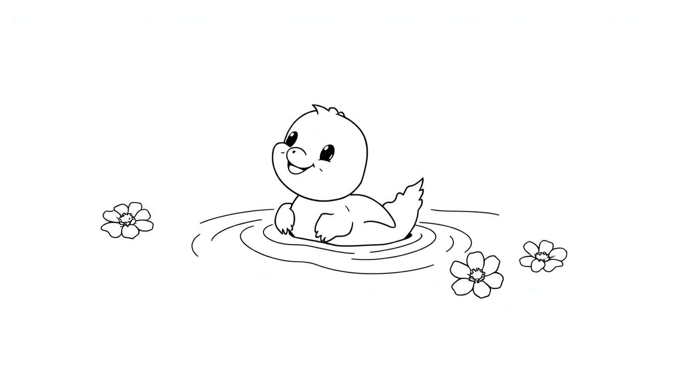 Un caneton mignon nageant dans une mare, entouré de fleurs, dans un dessin au trait noir et blanc.