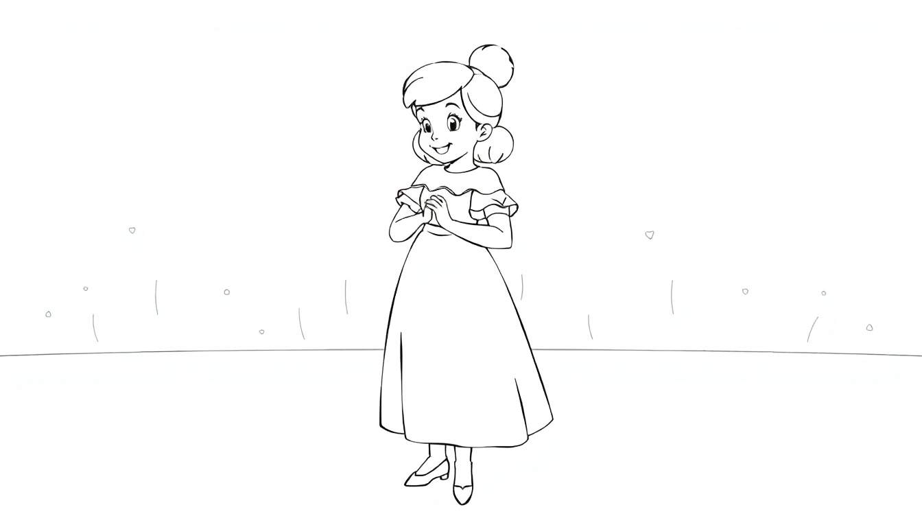 Cendrillon souriante avec ses mains jointes, portant une robe et des chaussures plates.