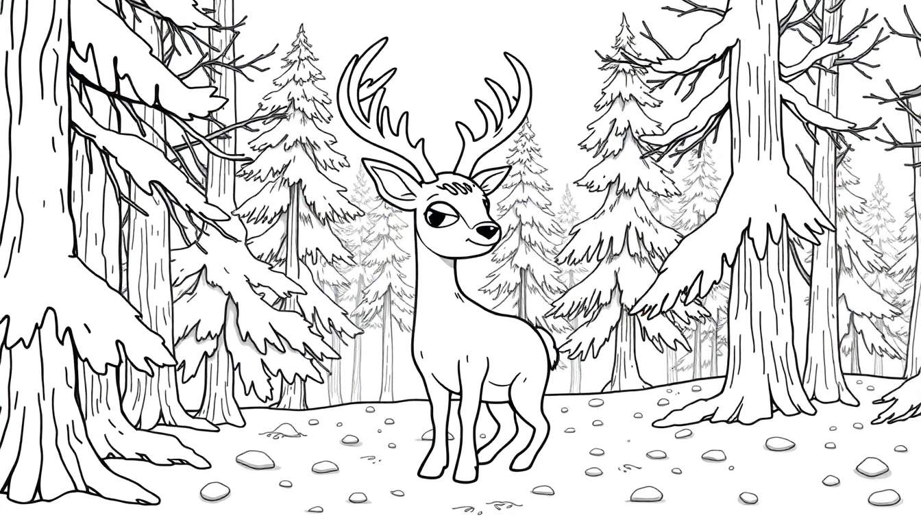 Un cerf souriant avec de grands bois dans une forêt en noir et blanc, prêt à être colorié.