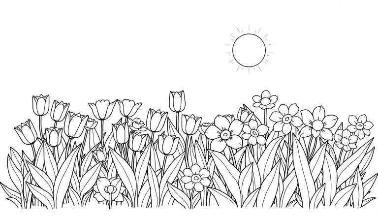 Dessin au trait d'un champ de fleurs ensoleillé, parfait pour un color panel.