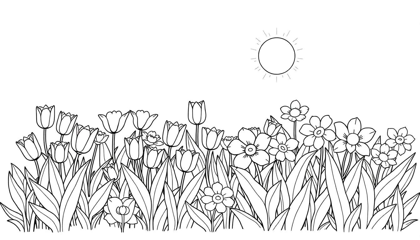 Dessin au trait d'un champ de fleurs ensoleillé, parfait pour un color panel.