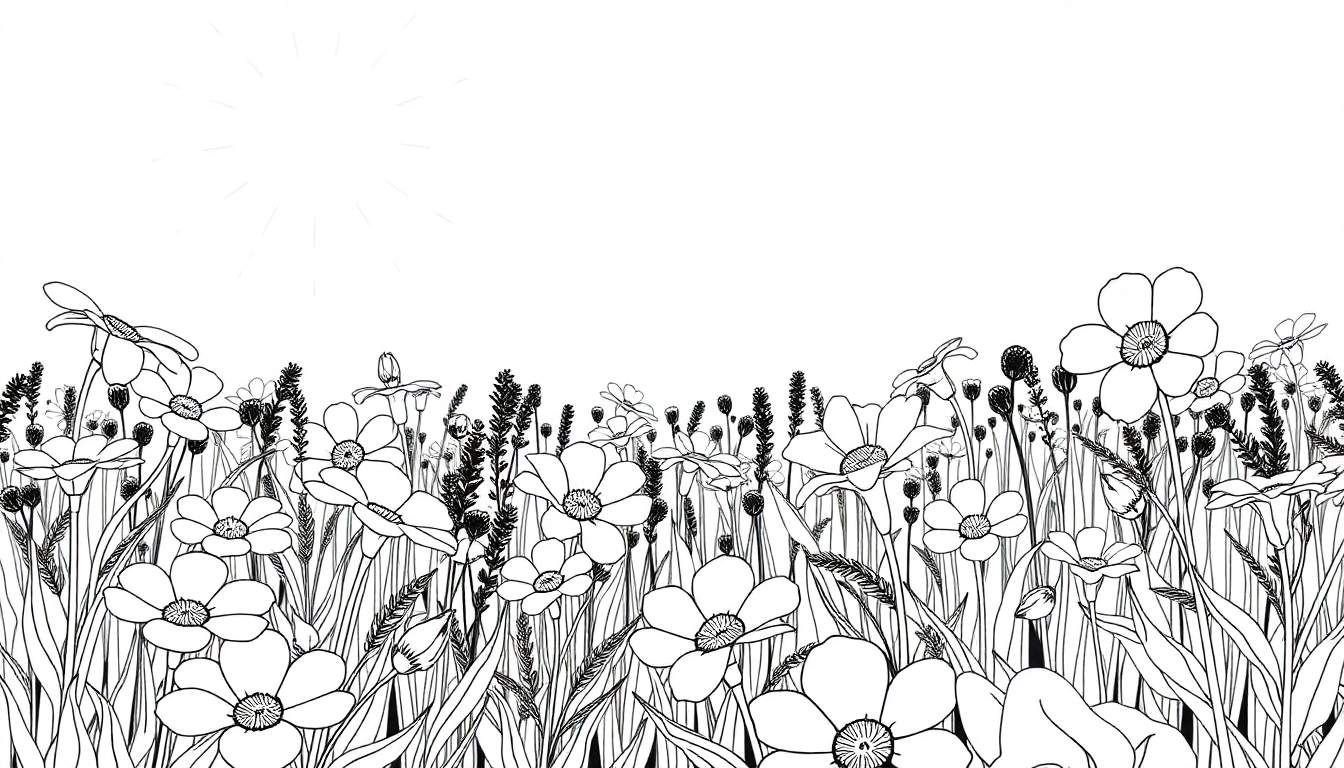 Un dessin au trait d'un champ de fleurs avec un soleil.