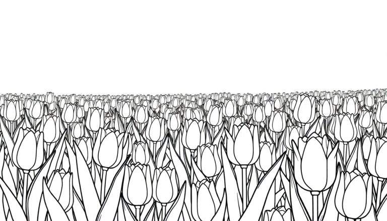 Dessin au trait noir et blanc d'un champ de tulipes stylisées, parfait pour un color panel.