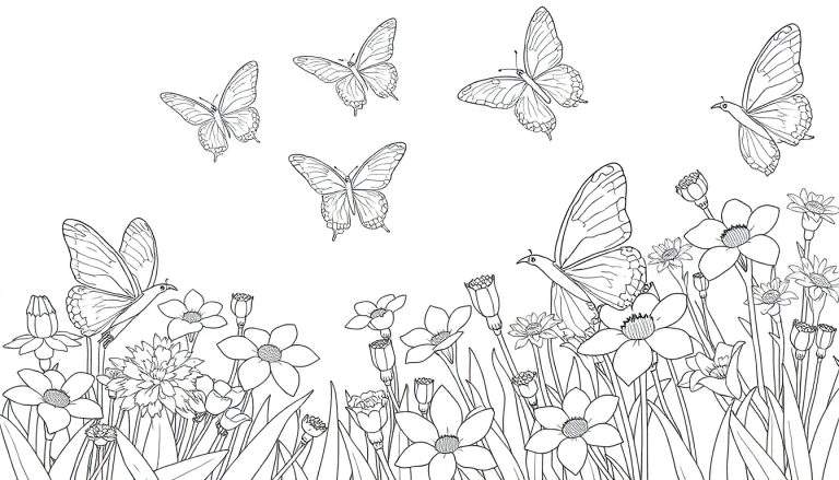 Dessin au trait d'un champ de fleurs avec des papillons, prêt à être colorisé, avec un color panel pour inspiration.
