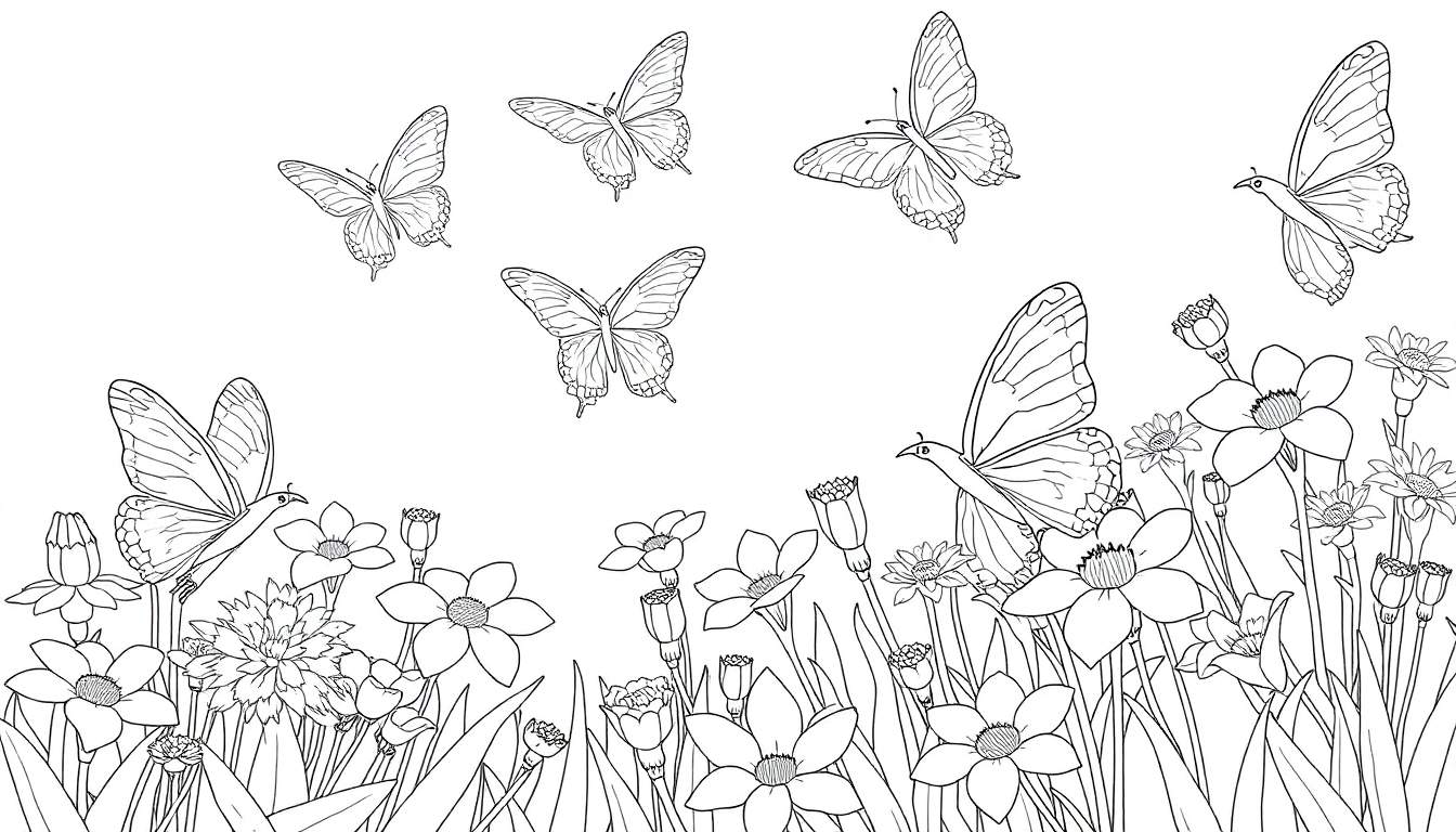 Dessin au trait d'un champ de fleurs avec des papillons, prêt à être colorisé, avec un color panel pour inspiration.