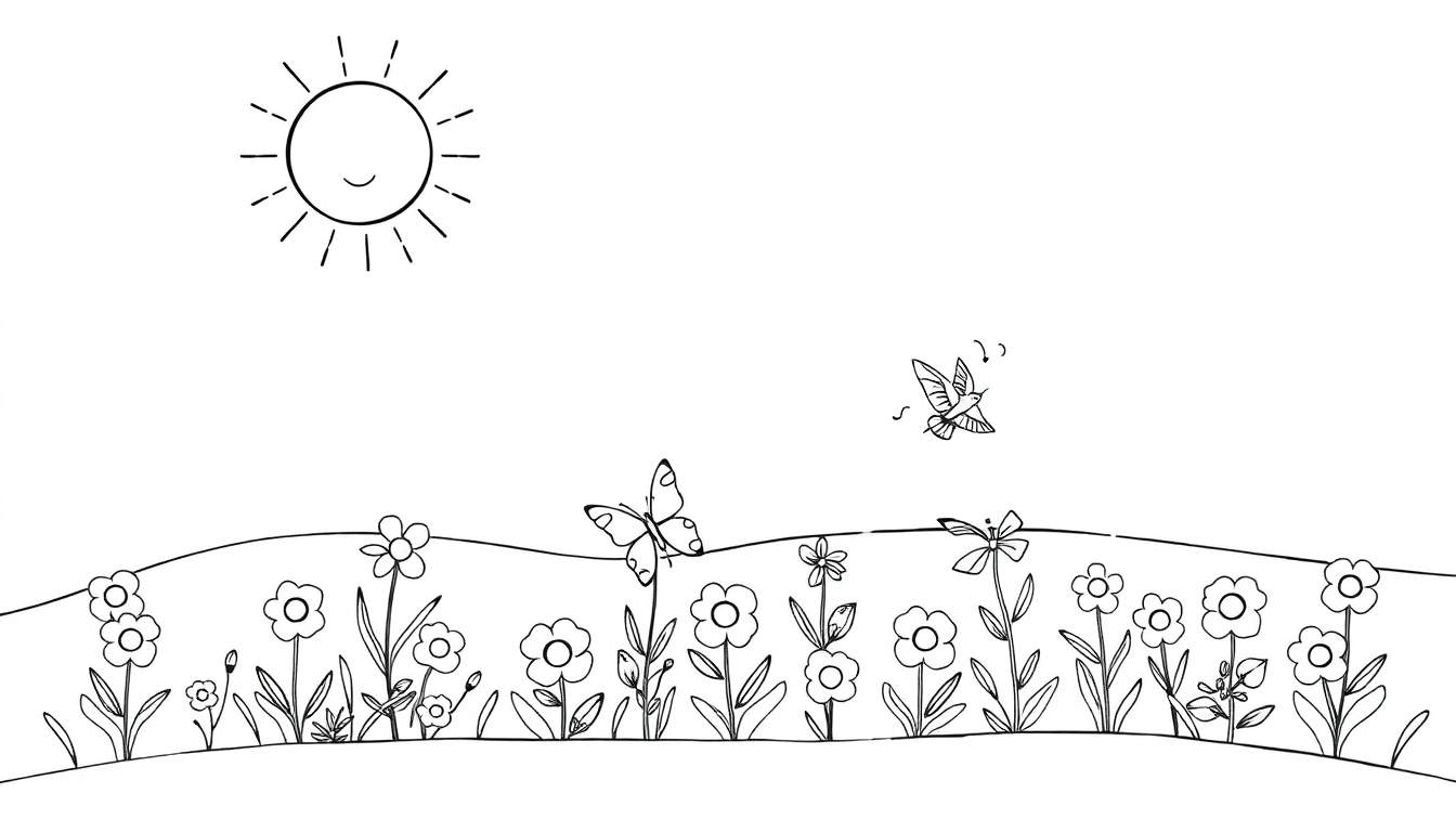 Soleil souriant au-dessus d'un champ de fleurs avec un papillon et un oiseau, prêt pour une page de coloriage.