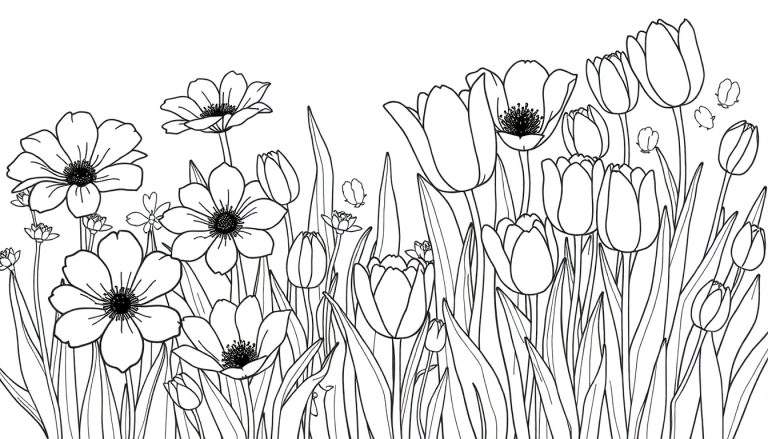 Dessin au trait noir et blanc d'un champ de marguerites et de tulipes.