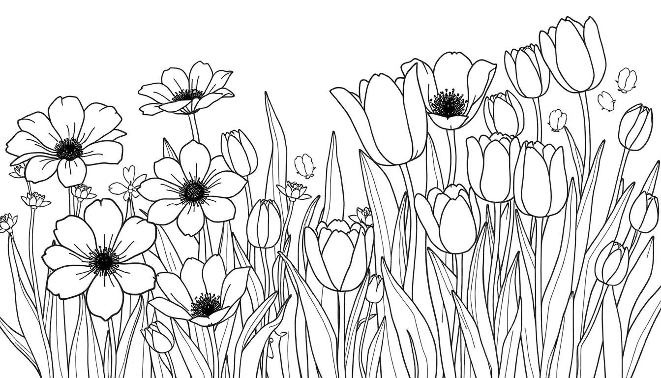 Dessin au trait noir et blanc d'un champ de marguerites et de tulipes.
