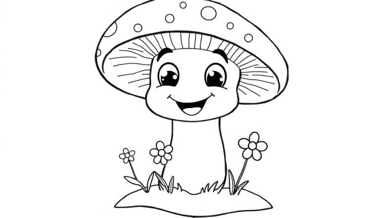 Un champignon anthropomorphe souriant avec un chapeau rond, entouré de fleurs, prêt pour un color panel.
