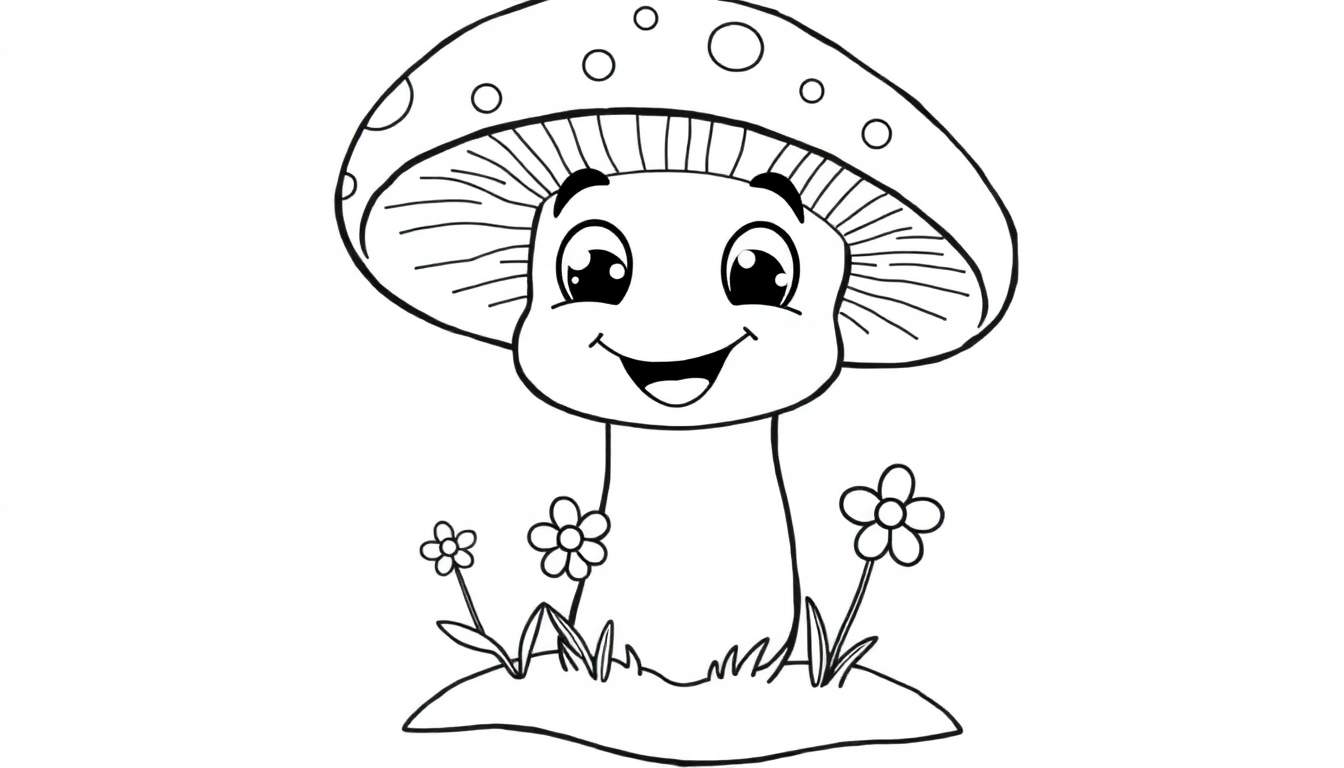 Un champignon anthropomorphe souriant avec un chapeau rond, entouré de fleurs, prêt pour un color panel.
