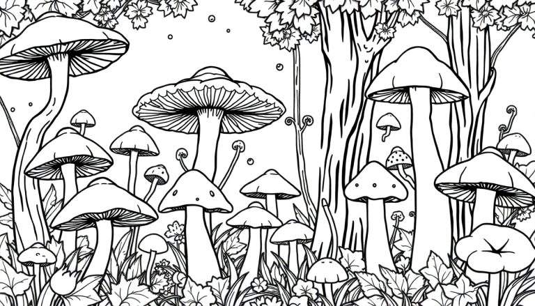 Illustration en noir et blanc de champignons forestiers détaillés.