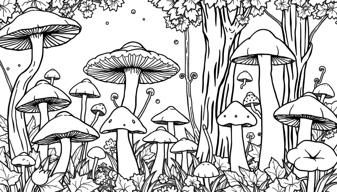 Illustration en noir et blanc de champignons forestiers détaillés.