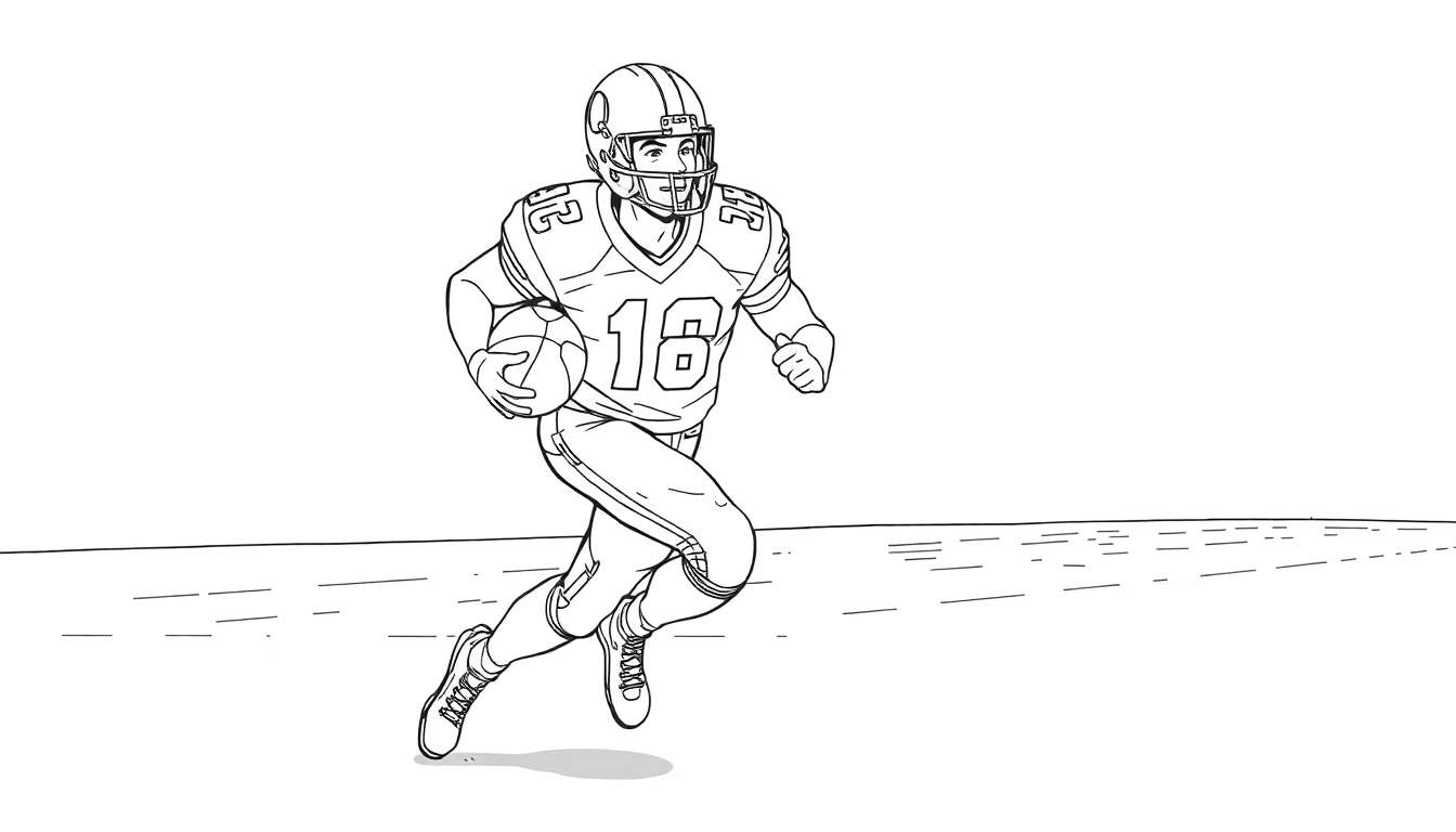 Dessin au trait noir et blanc d'un joueur de football américain courant avec le ballon, portant le numéro 18.