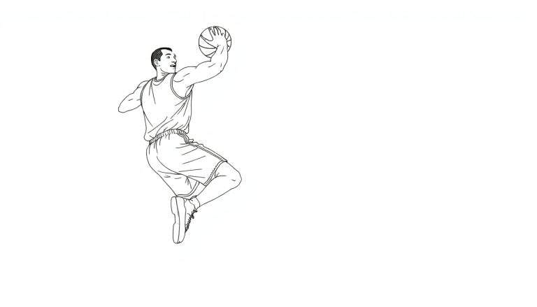Joueur de basket-ball en plein saut, prêt à marquer, illustration en noir et blanc.