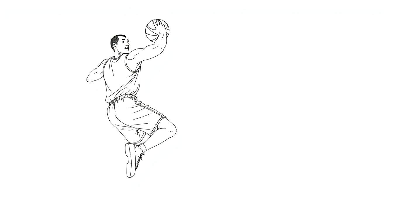 Joueur de basket-ball en plein saut, prêt à marquer, illustration en noir et blanc.