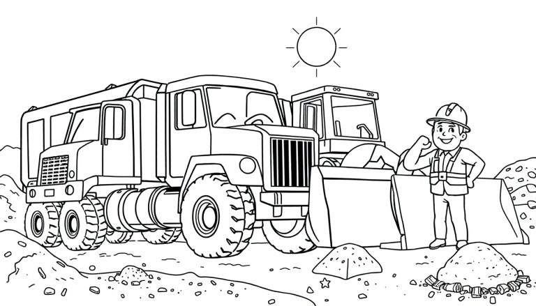 Dessin au trait d'un chantier avec un homme, un camion et un bulldozer, parfait pour un color panel.