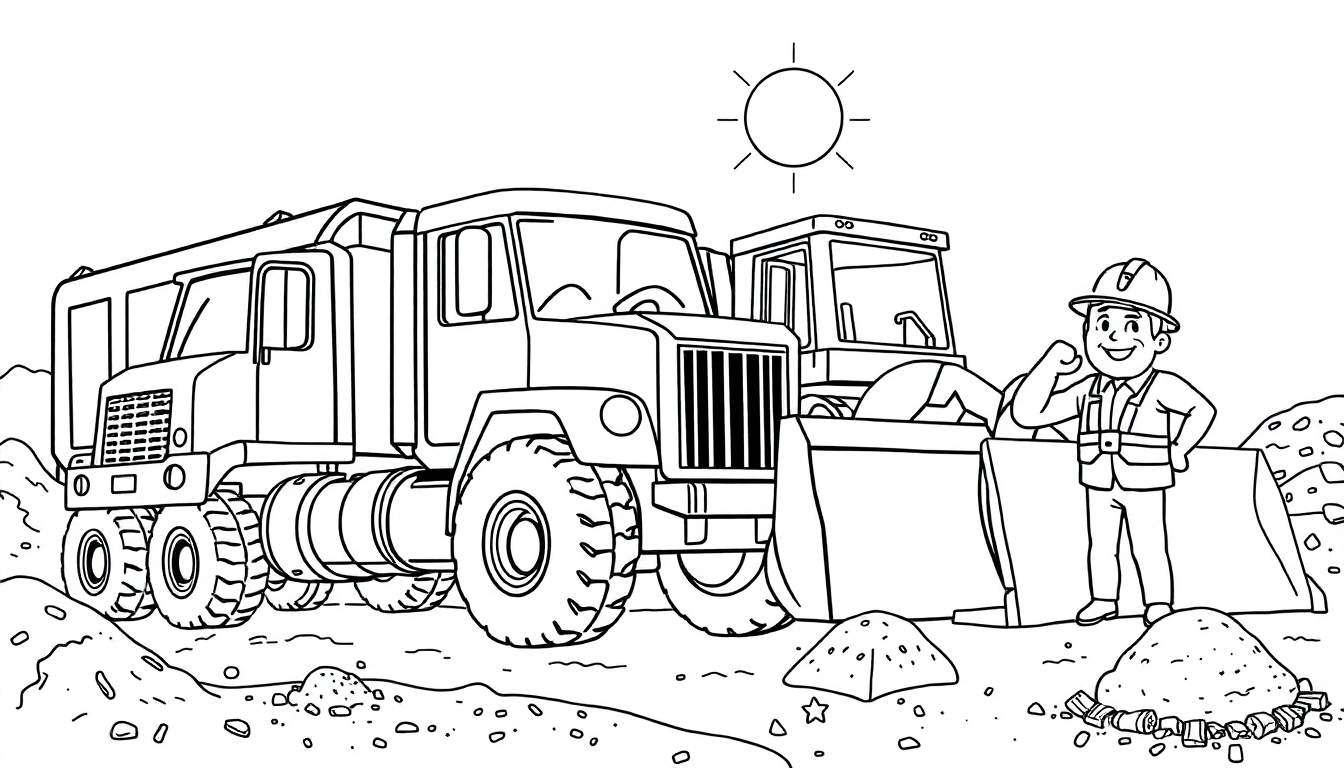 Dessin au trait d'un chantier avec un homme, un camion et un bulldozer, parfait pour un color panel.