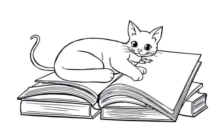Un chat noir et blanc dessiné, assis sur une pile de livres, prêt pour le color panel.