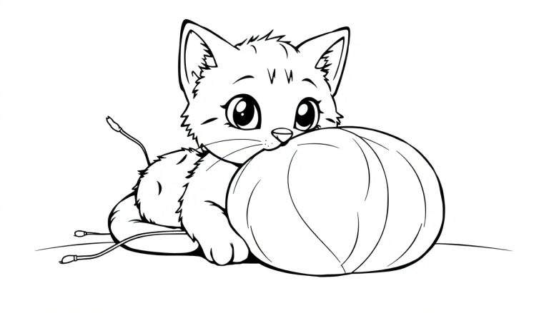 Un chaton mignon dessiné au trait jouant avec une balle, avec des grands yeux et des oreilles pointues.