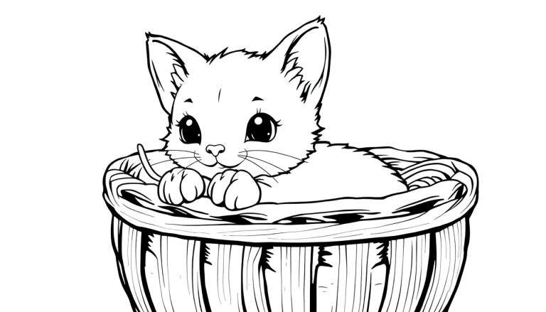 Un chaton mignon dans un panier avec des pelotes de fil, parfait pour un color panel.