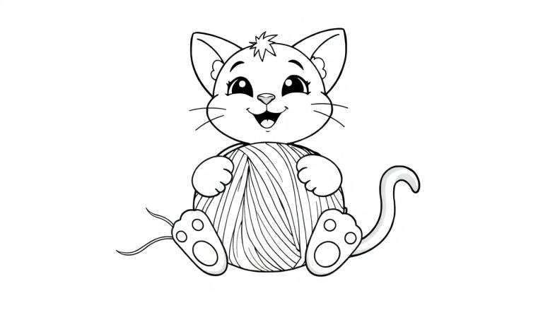 Un chaton cartoon mignon en noir et blanc, assis et jouant avec une pelote de laine, prêt pour une page de coloriage avec des color panels.