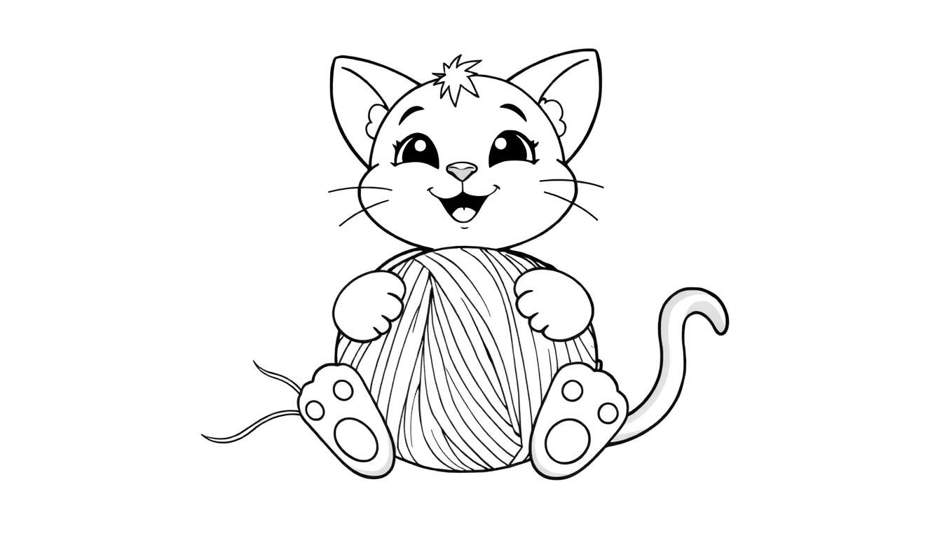Un chaton cartoon mignon en noir et blanc, assis et jouant avec une pelote de laine, prêt pour une page de coloriage avec des color panels.