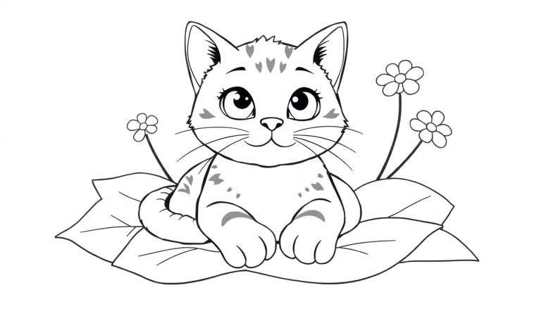 Un chat dessiné au trait sur une grande feuille avec des fleurs, prêt pour le color panel.