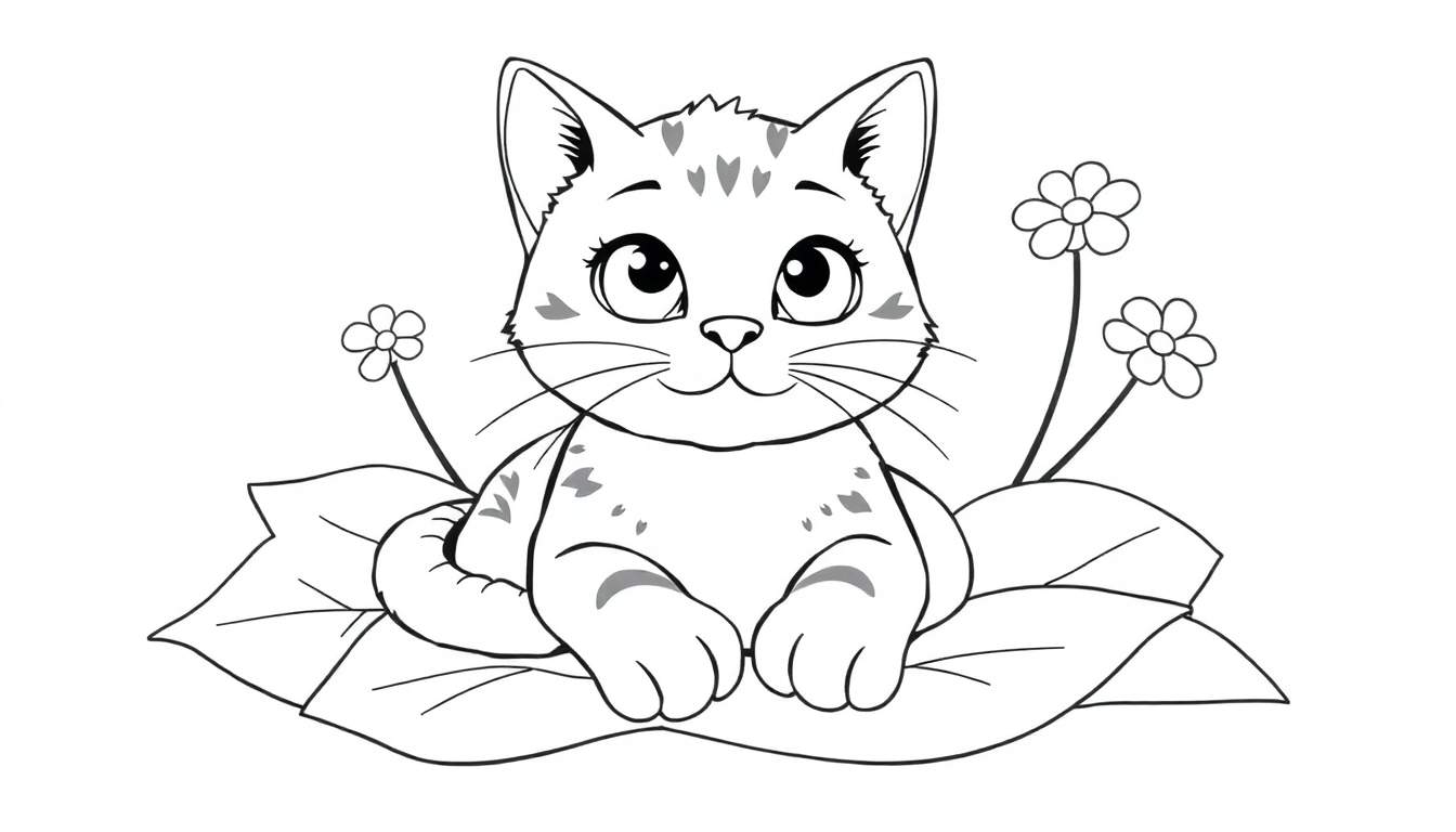 Un chat dessiné au trait sur une grande feuille avec des fleurs, prêt pour le color panel.