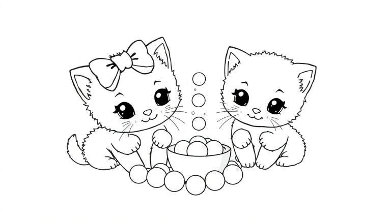 Une coloriage de deux chatons mignons, dont un avec un nœud, regardant des perles dans un bol.
