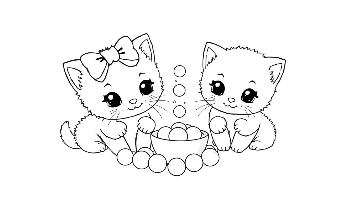 Une coloriage de deux chatons mignons, dont un avec un nœud, regardant des perles dans un bol.