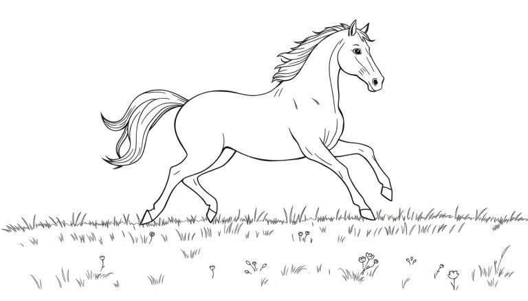Un cheval de trait galopant joyeusement dans un champ fleuri.