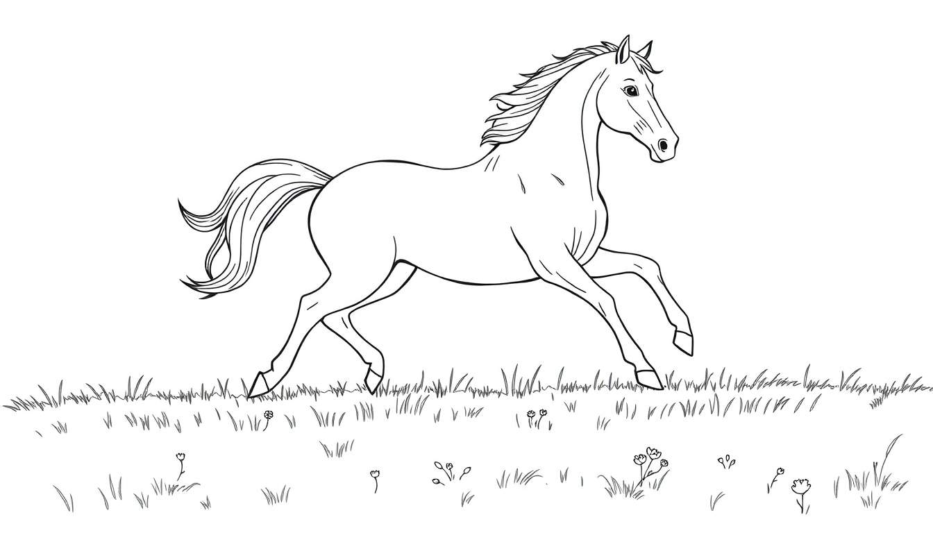 Un cheval de trait galopant joyeusement dans un champ fleuri.