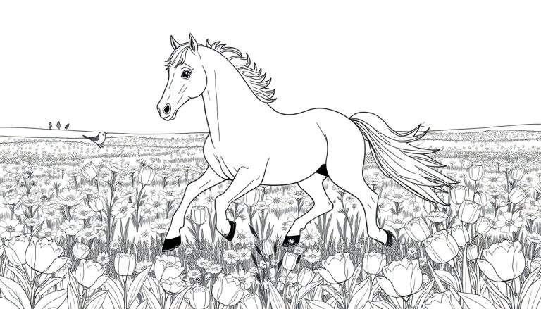 Un cheval galopant dans un champ de fleurs colorées, prêt à être colorié avec le color panel.