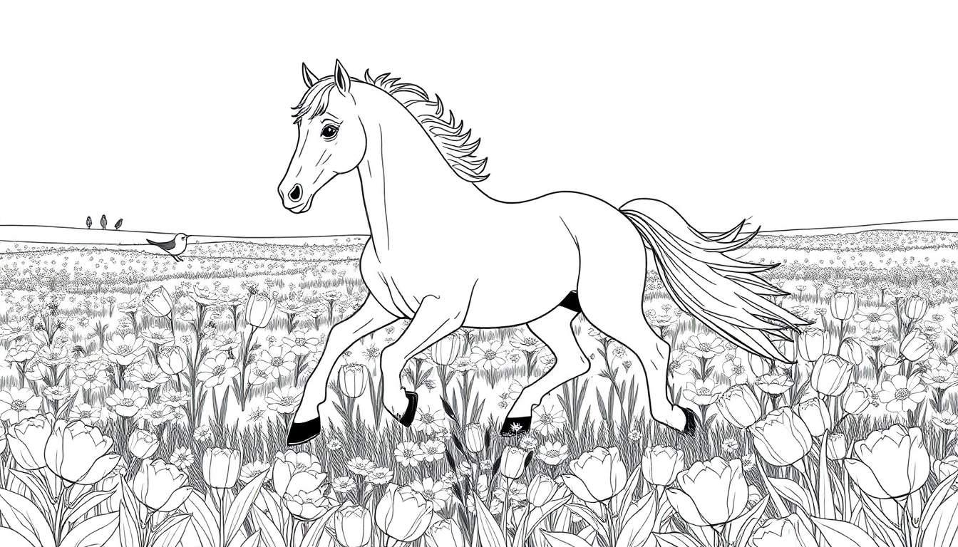 Un cheval galopant dans un champ de fleurs colorées, prêt à être colorié avec le color panel.