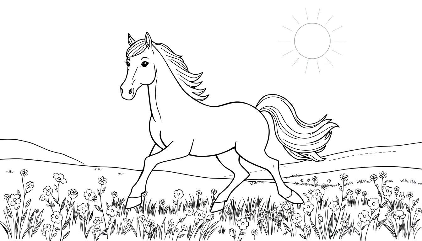 Un dessin au trait d'un cheval galopant dans un pré fleuri, style livre de coloriage.