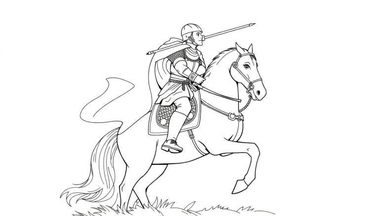 Un chevalier en armure sur un cheval blanc cabré tenant une lance, un color panel.