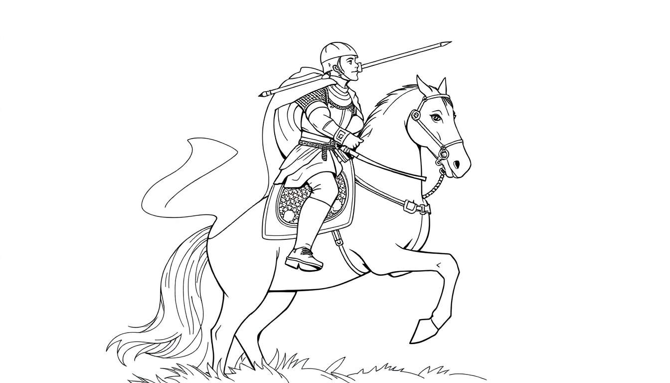 Un chevalier en armure sur un cheval blanc cabré tenant une lance, un color panel.