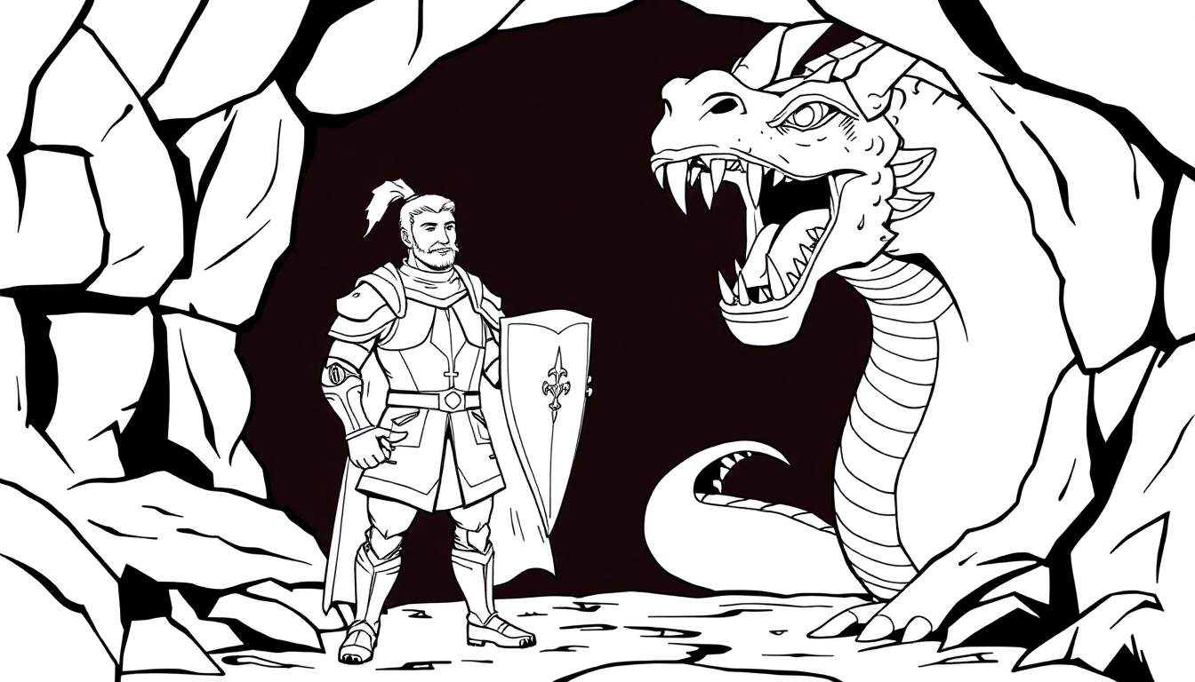 Chevalier face à un dragon dans une grotte, prêt à être colorisé.
