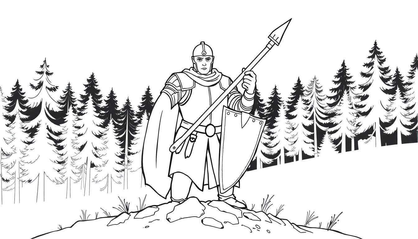 Un chevalier en armure avec une lance et un bouclier dans une forêt.