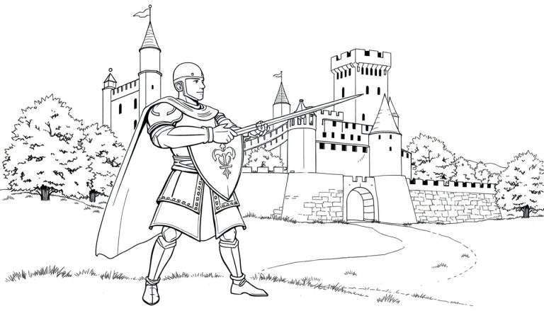 Dessin au trait d'un chevalier en armure tenant une épée et un bouclier devant un château médiéval, parfait pour un color panel.