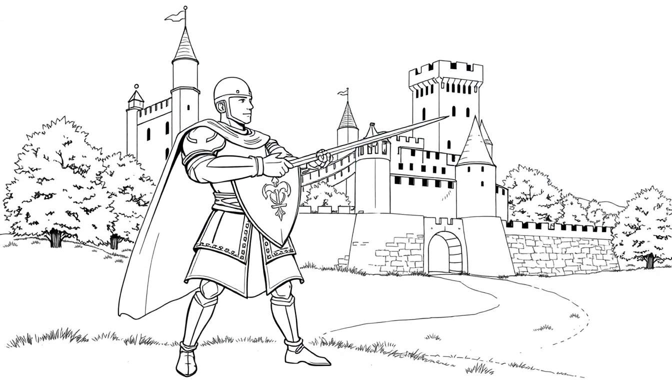 Dessin au trait d'un chevalier en armure tenant une épée et un bouclier devant un château médiéval, parfait pour un color panel.