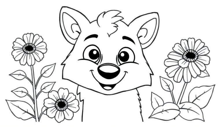 Un chiot souriant entouré de fleurs, style dessin au trait pour un color panel.