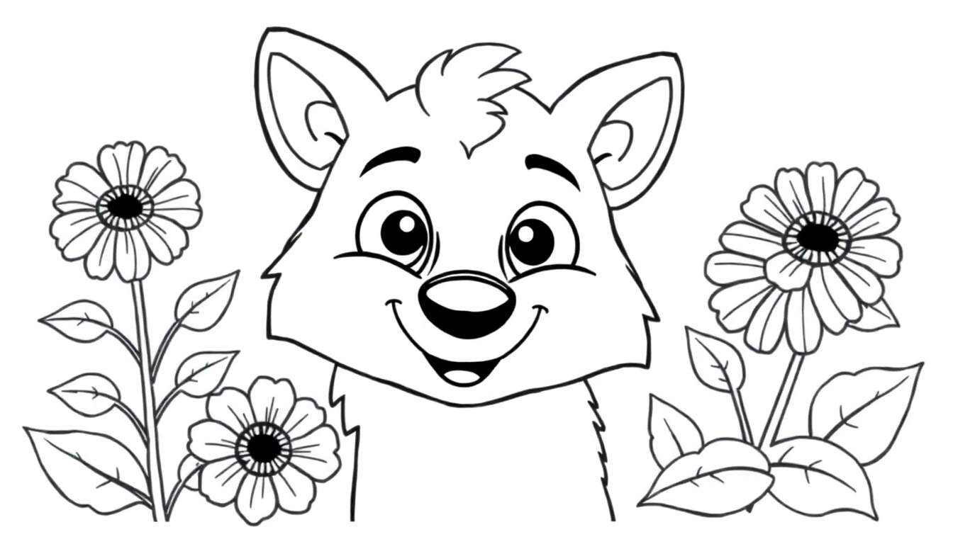 Un chiot souriant entouré de fleurs, style dessin au trait pour un color panel.