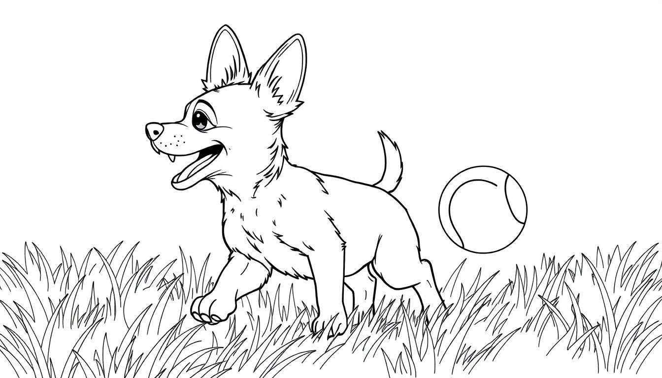 Dessin au trait d'un petit chien joyeux courant dans l'herbe avec une balle de tennis, prêt pour un color panel.