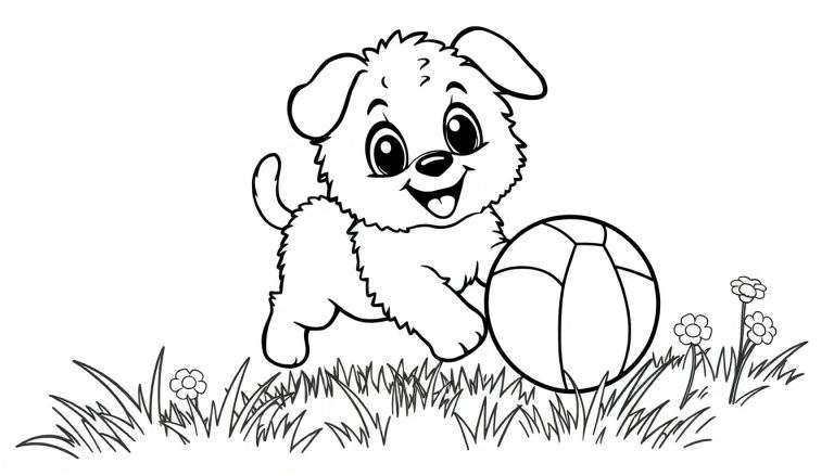 Chiot joyeux jouant avec une balle dans un champ, pour un color panel.