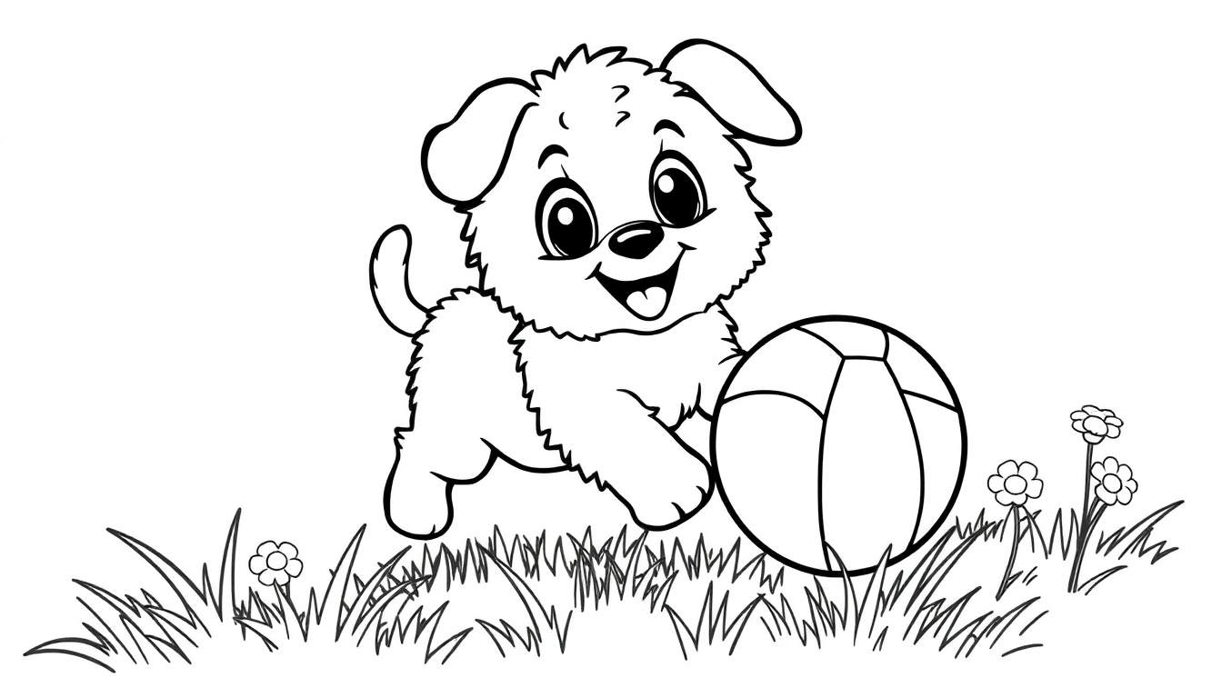 Chiot joyeux jouant avec une balle dans un champ, pour un color panel.