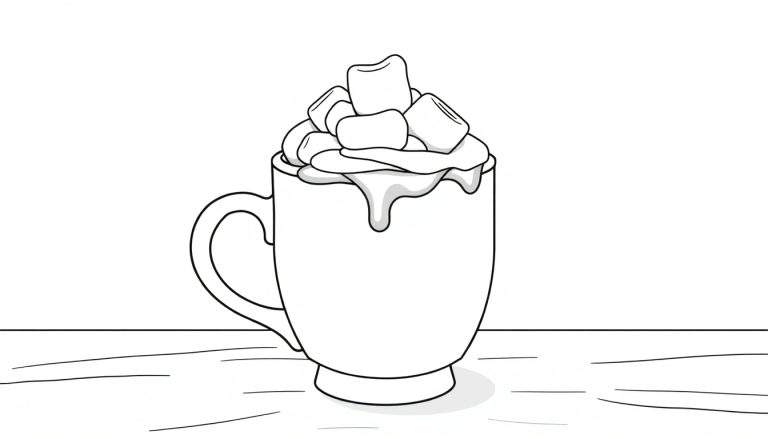 Dessin au trait d'une tasse de chocolat chaud avec de la crème fouettée et des guimauves, sans color panel.